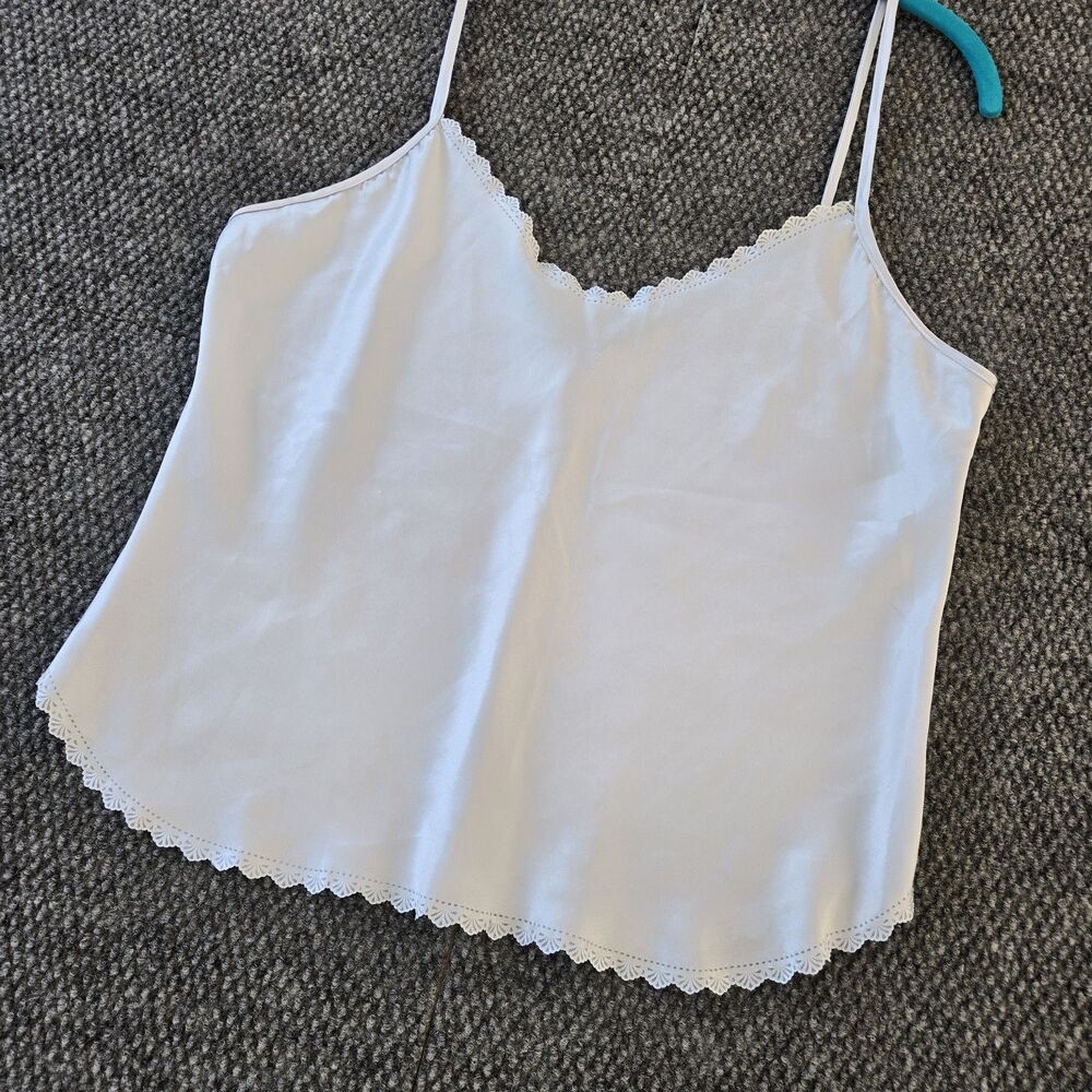 Vintage Laura Adams Camisole M Blue Eyelet Trim Satin Silky Slip Tank Y2K